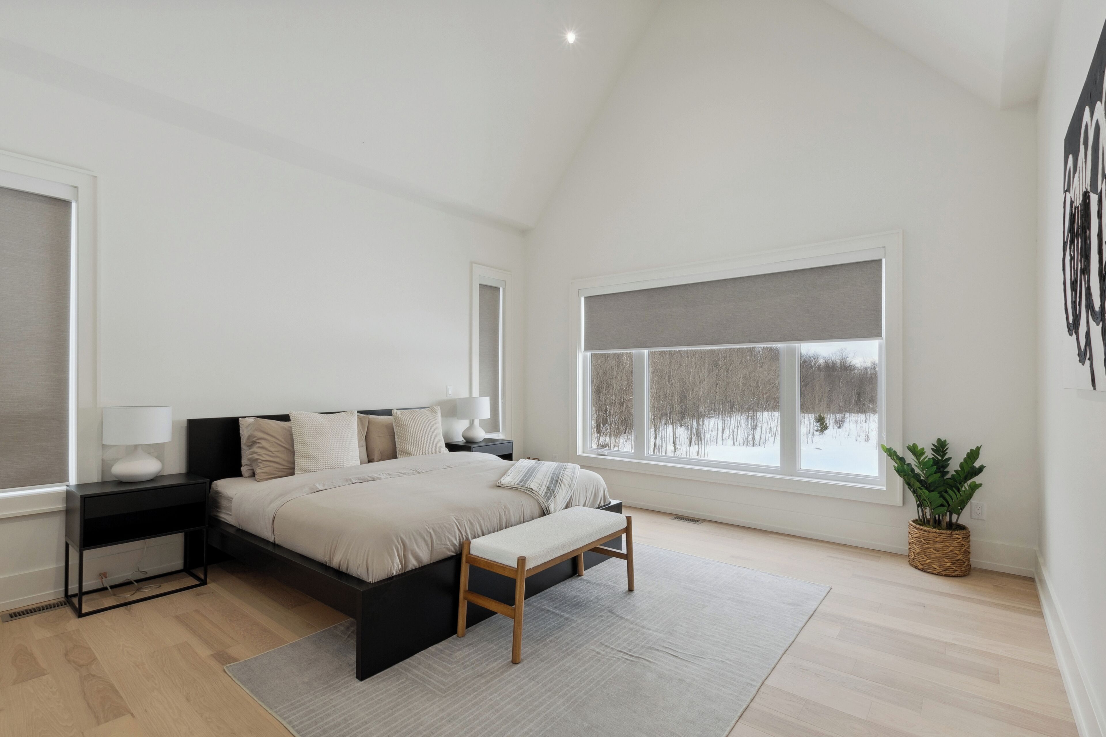 A modern bedroom with a large bed, bedside tables, a bench, a window with a view of trees, and a potted plant.