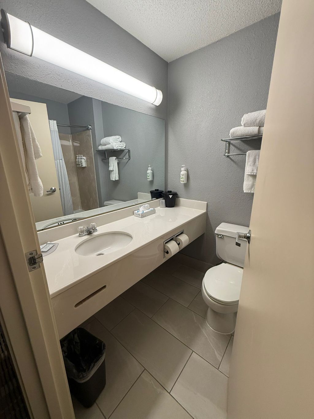 Hair dryer, towels, soap, toilet paper