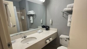 A modern bathroom with a double sink, a toilet, and a large mirror.