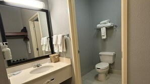 A bathroom with a sink, mirror, and toilet.