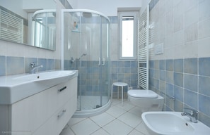 Shower, hair dryer, bidet, towels