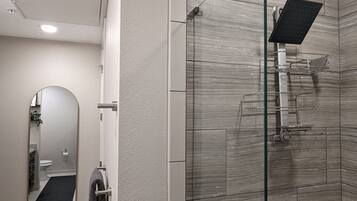Hair dryer, towels, soap, shampoo