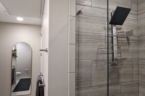 Hair dryer, towels, soap, shampoo