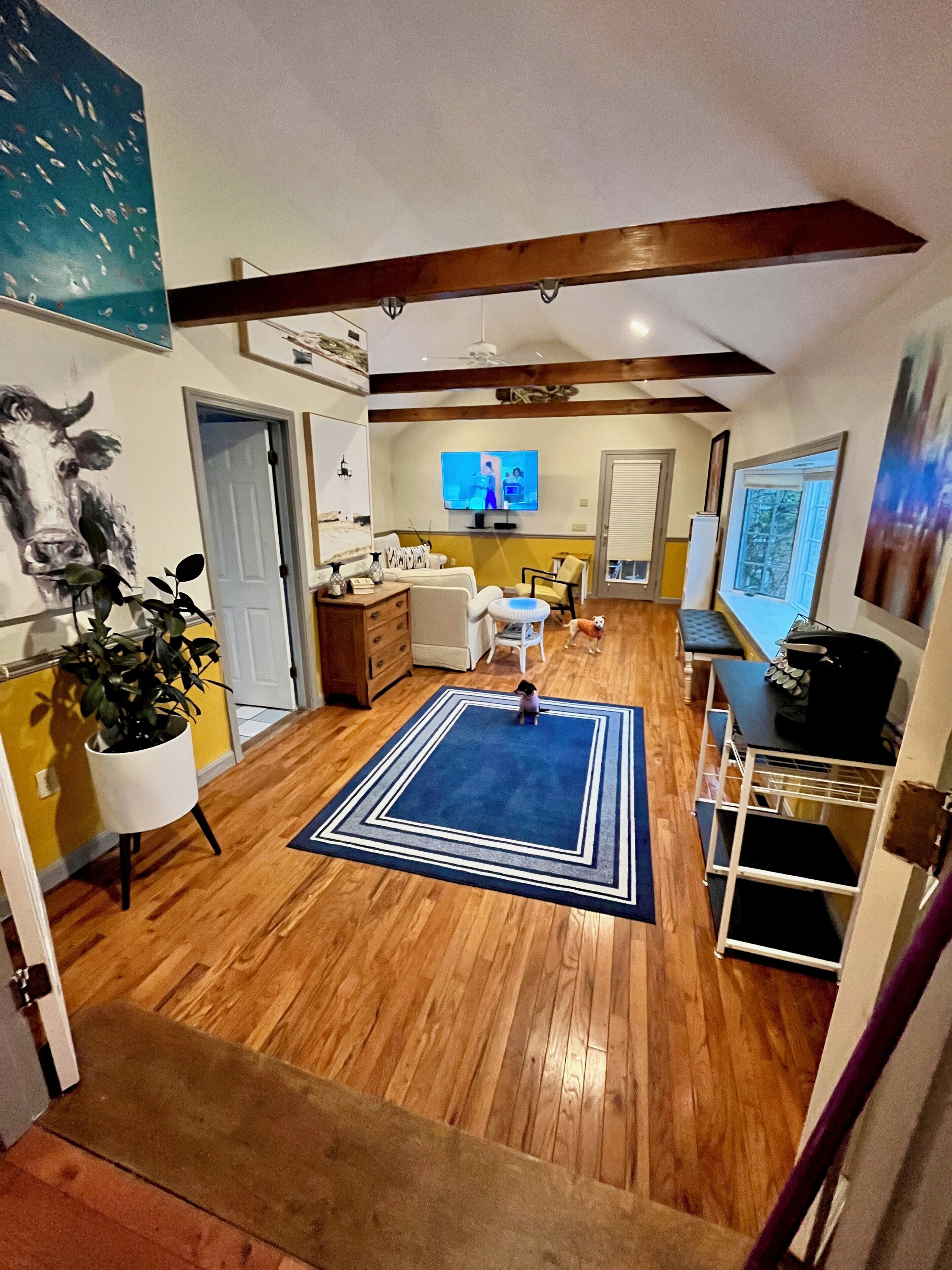 A spacious living area with wooden flooring, a blue rug, a television, and a dining table with chairs.