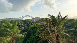 A bridge over a lush green landscape with dense foliage in the foreground. - Panama View House (Panamá)