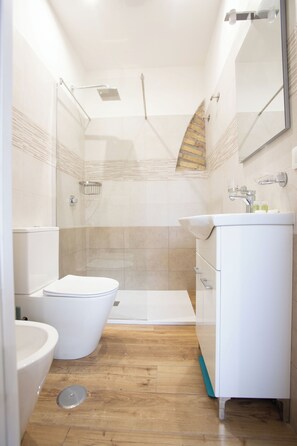 Douche, sèche-cheveux, bidet, serviettes fournies