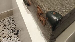 Eine alte Schreibmaschine auf einer strukturierten Oberfläche, möglicherweise einem Koffer, mit einer Pflanze im Hintergrund.