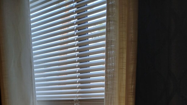 A window with blinds partially open, revealing a view of a swimming pool and outdoor area.