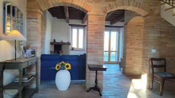 Smart TV, fireplace, books