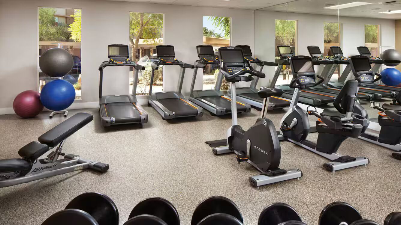 A gym with treadmills, elliptical machines, and exercise balls.