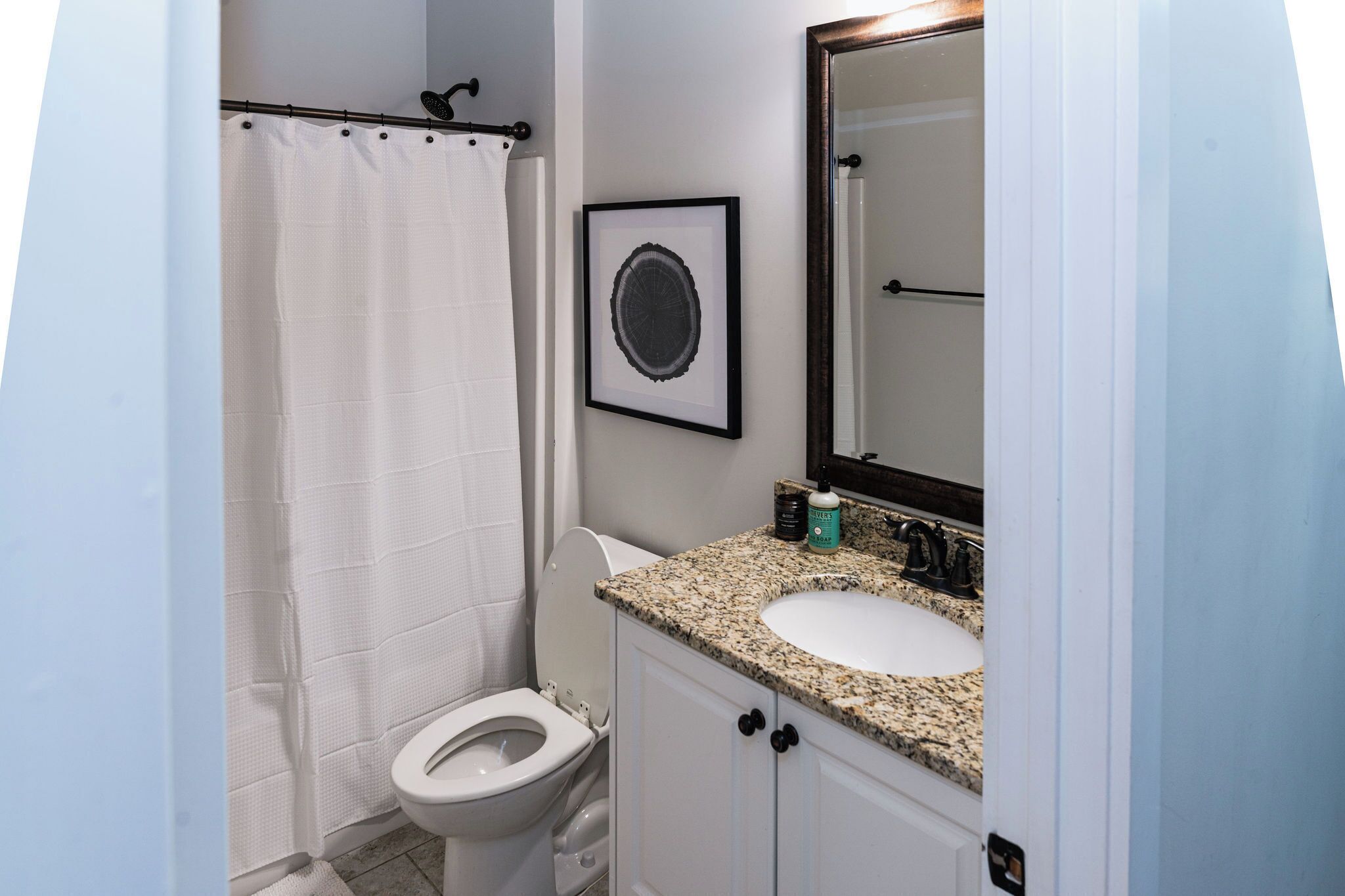 A bathroom with a toilet, sink, mirror, and shower curtain.