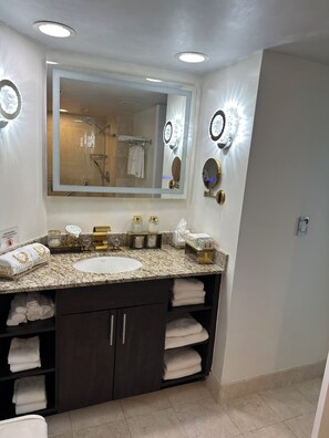 Hair dryer, towels, soap, toilet paper