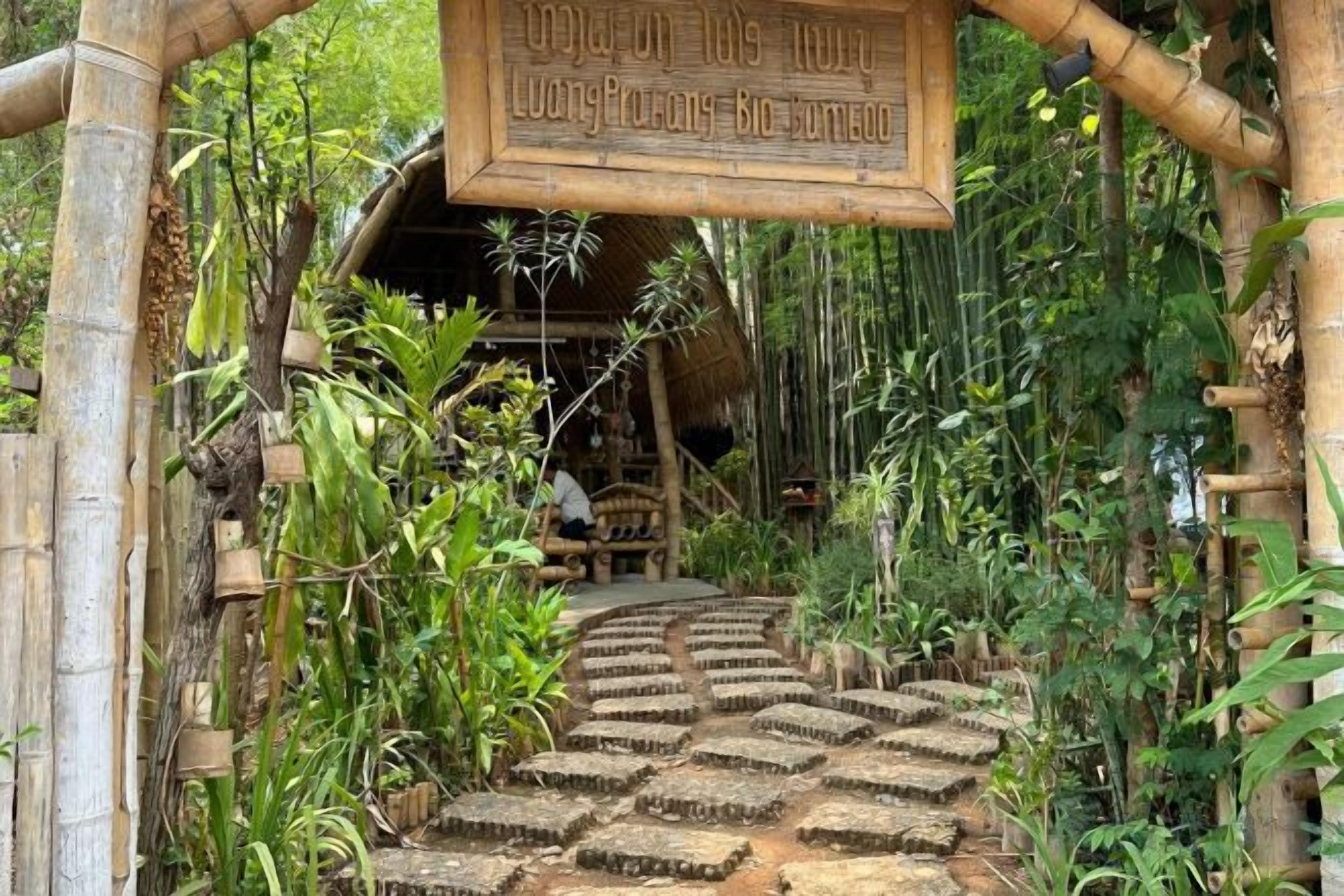 A traditional bamboo structure with a staircase leading to a thatched-roof building.