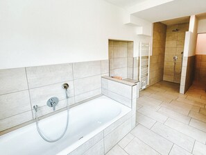 Hair dryer, towels, soap, toilet paper