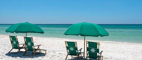 Beach nearby, sun loungers