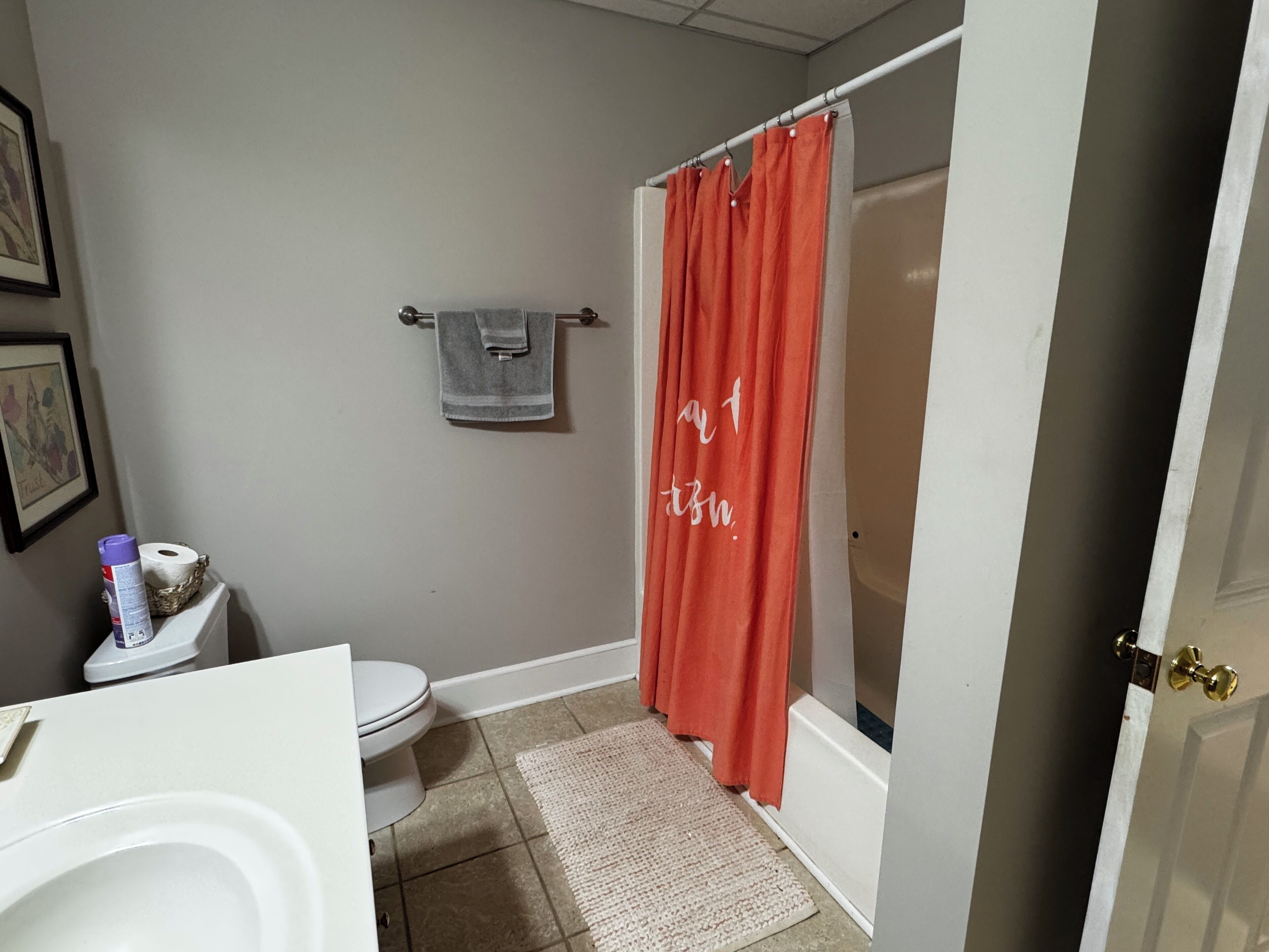 A bathroom with a toilet, a towel rack with a towel, a shower curtain with text, and a rug on the floor.