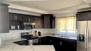A modern kitchen with dark cabinets, stainless steel appliances, and a marble countertop. - Azalia Palms: New Oceanview Villa, 15 Min from MBJ Airport (St. James Parish)