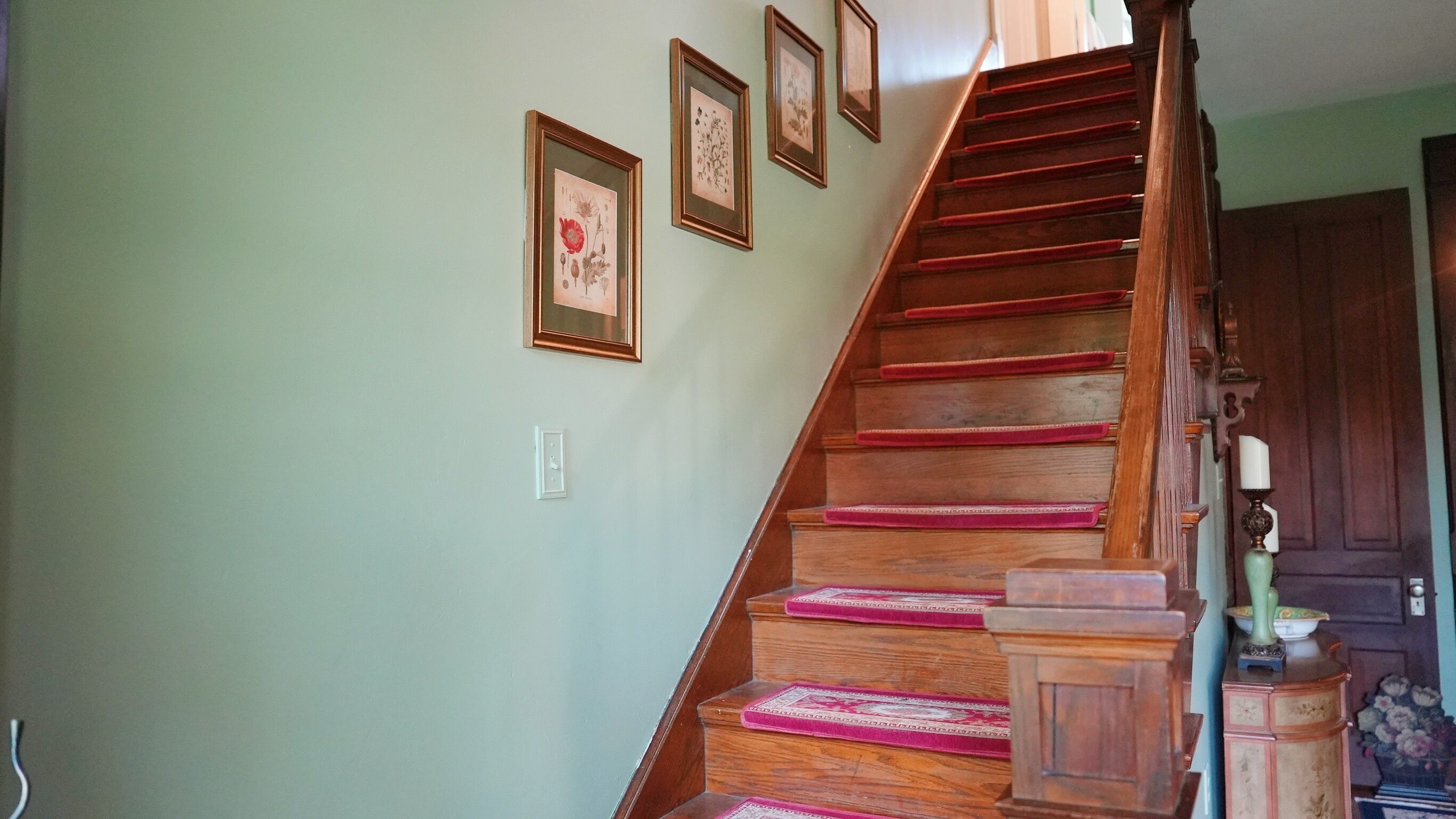 Un escalier en bois, dont les marches sont recouvertes d’une moquette rouge, mène à un palier où des reproductions botaniques encadrées sont accrochées au mur.