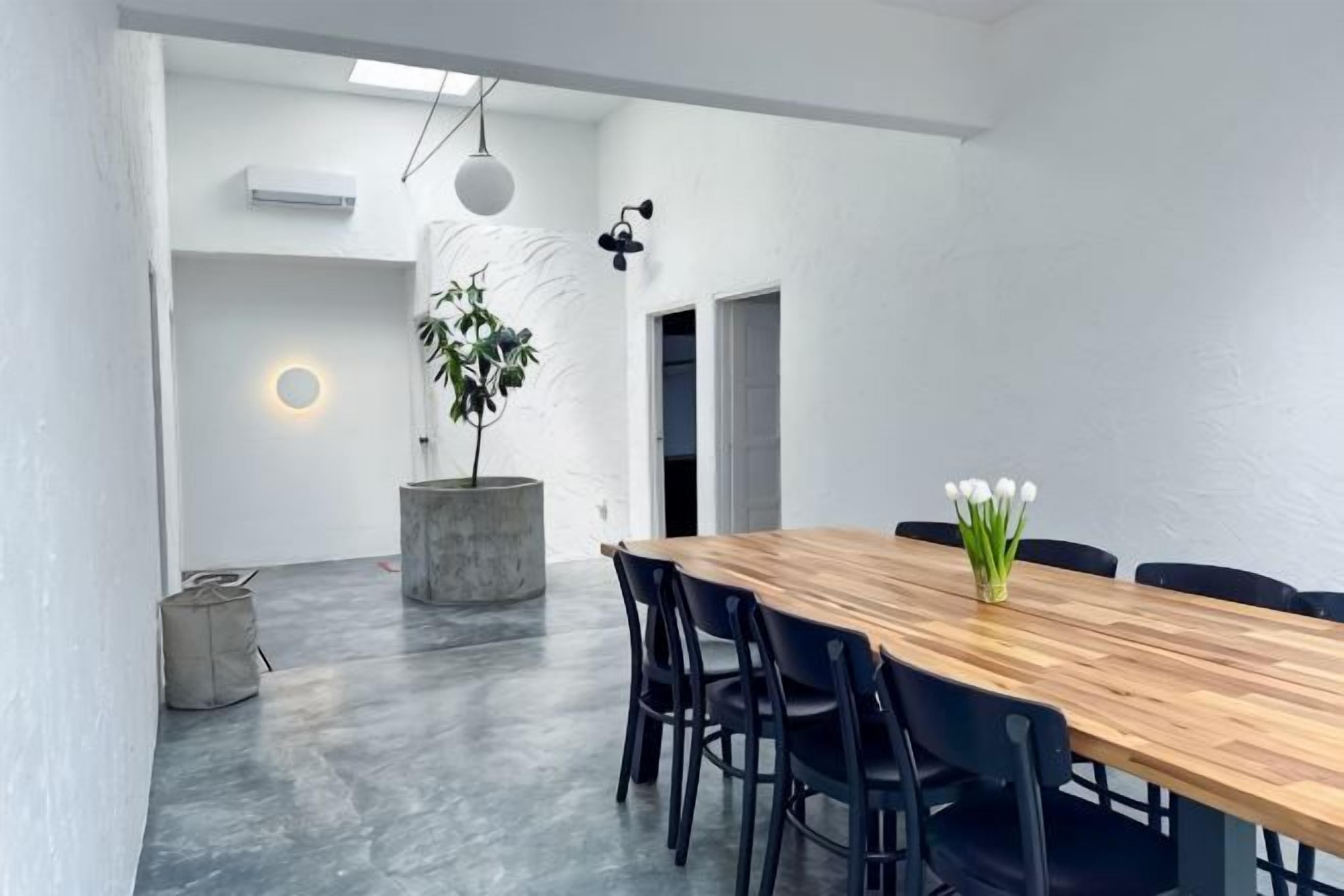 A modern dining area with a wooden table and black chairs, a potted plant, and a wall-mounted light fixture.