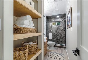 Shower, hair dryer, bidet, towels