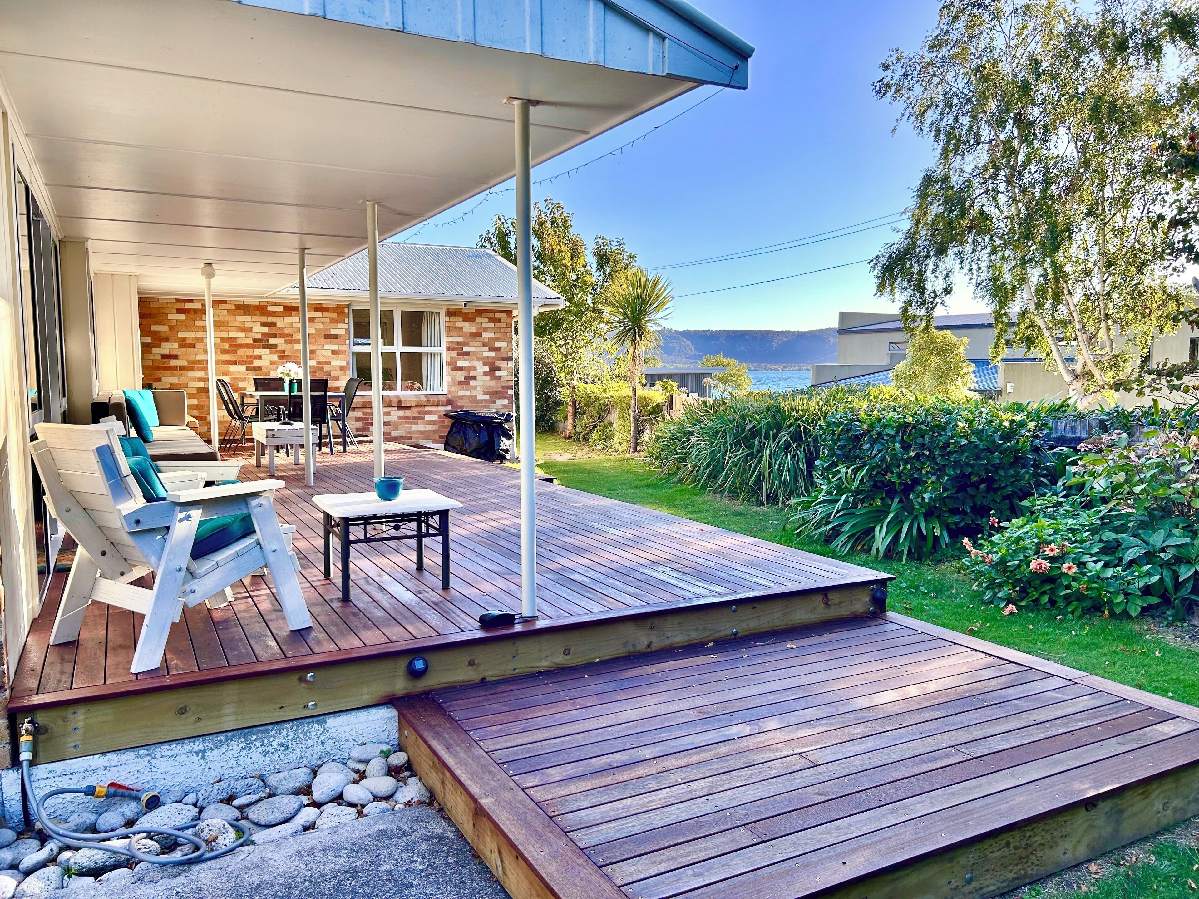 Large deck & purpose built tap to wash off after lake swims, wash dogs or kayaks