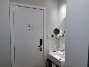 Hair dryer, towels, soap, toilet paper