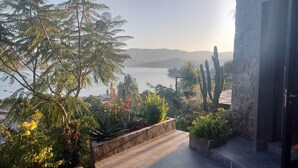 A garden with a variety of plants and a view of a body of water and mountains in the distance. - Designer House with Spectacular Lake Views, Jacuzzi and Lush Gardens (Valle de Bravo)