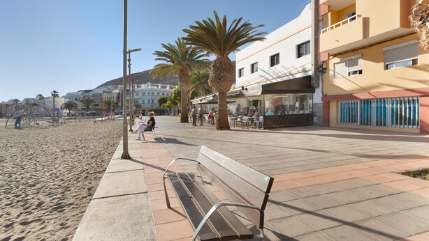 Una passeggiata lungomare con una panchina, palme e edifici sullo sfondo.
