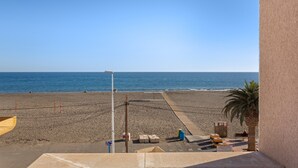 Vista di una spiaggia con cielo sereno, spiaggia sabbiosa e una palma.