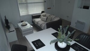 A modern living room with a sofa, a dining table with placemats, and a potted plant.