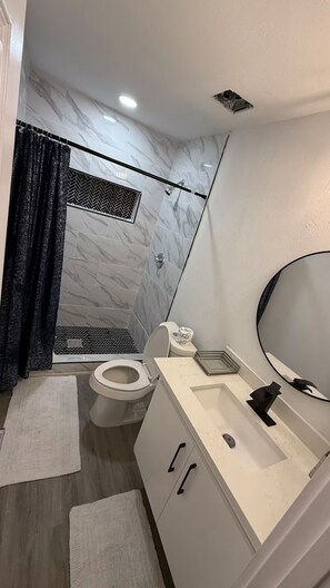 Hair dryer, towels, toilet paper