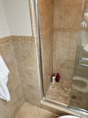 Regadera, secadora de cabello, toallas, papel de baño 