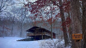Een vakantiehuis genaamd 'Forest Hill' in een besneeuwd bos.
