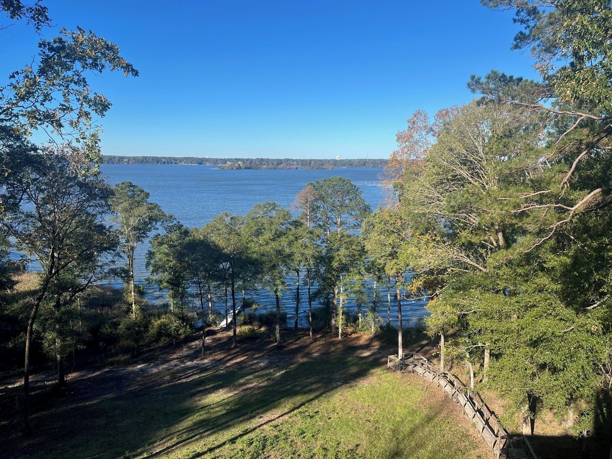 Une vue sur le lac, avec des arbres et une terrasse en bois.