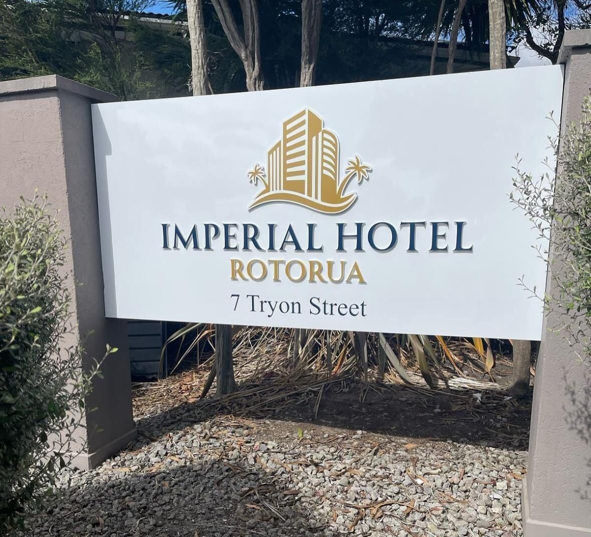 A sign for the Imperial Hotel Rotorua, located at 7 Tryon Street.
