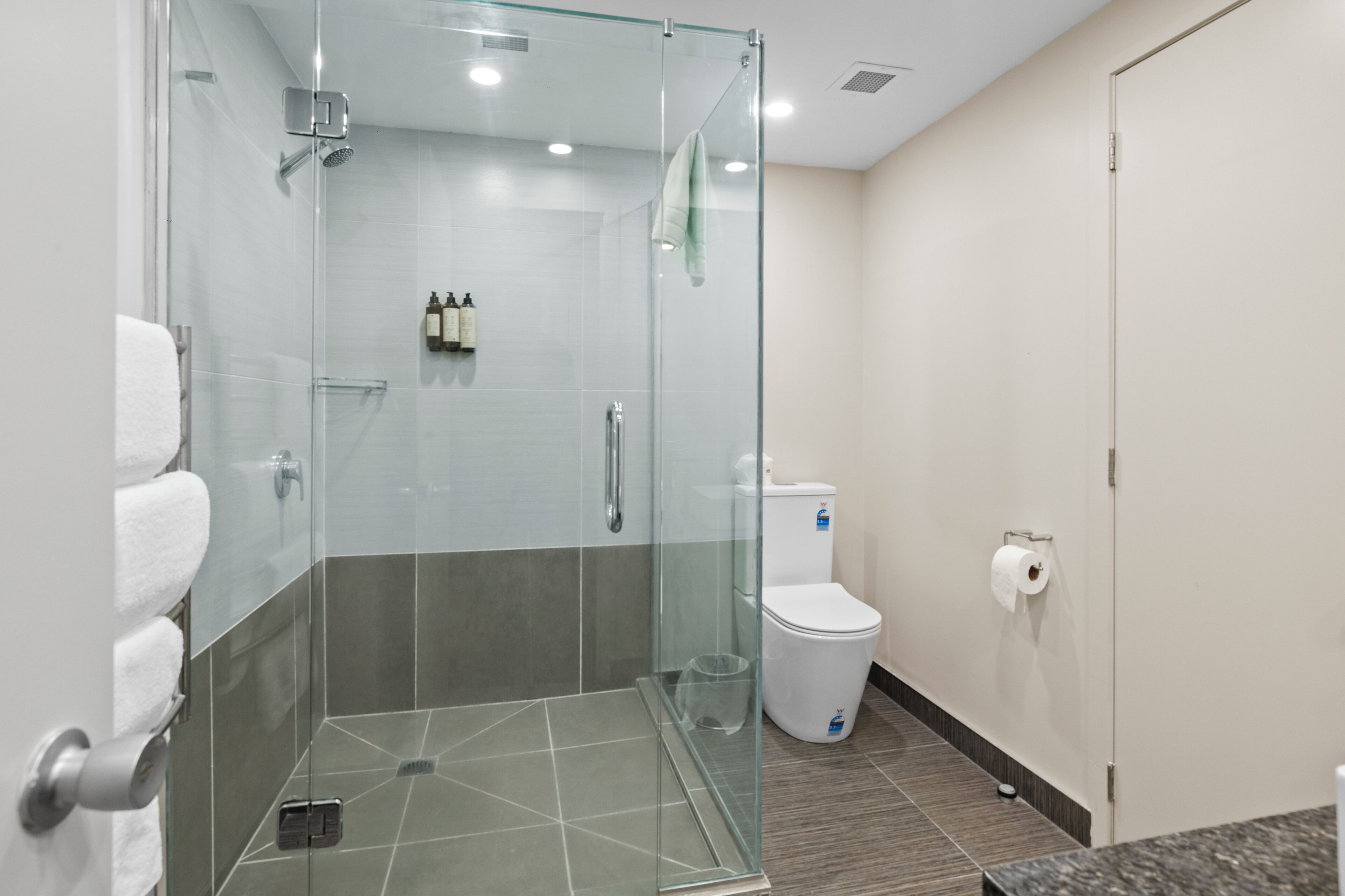A modern bathroom with a glass-enclosed shower, a toilet, and a sink.