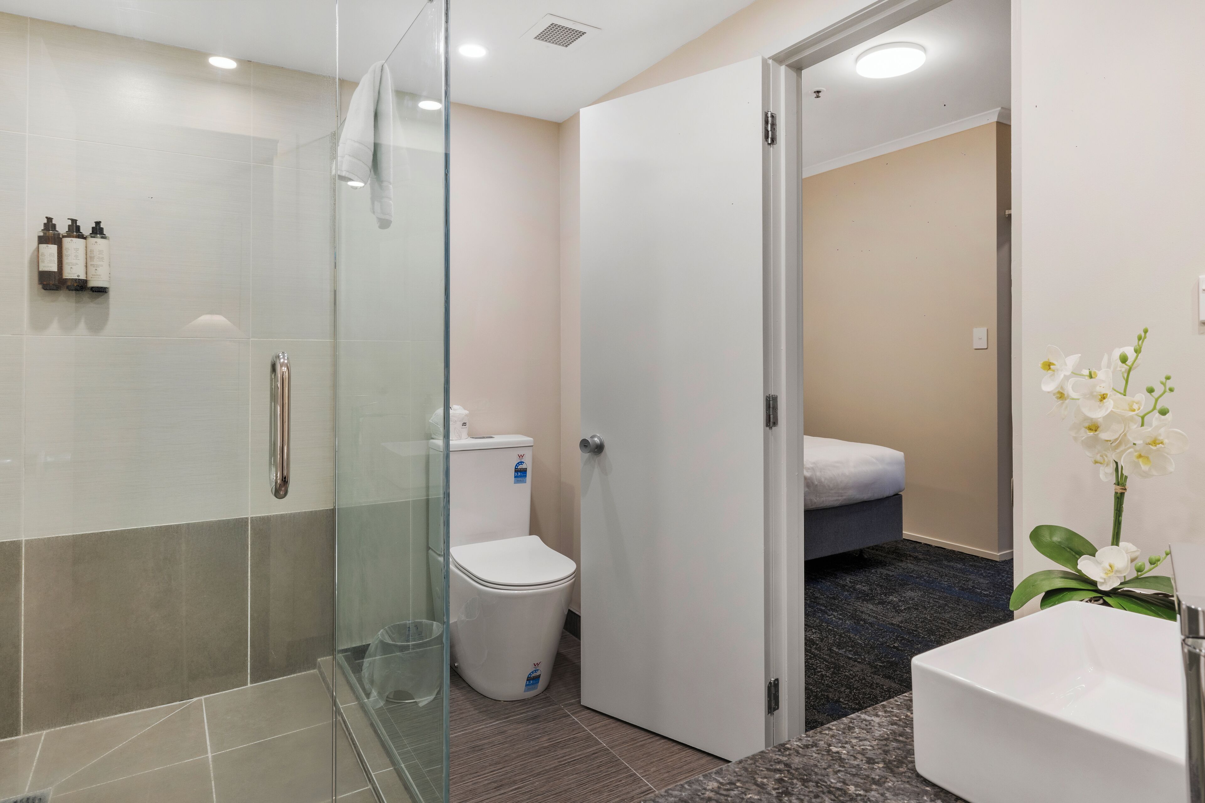 Une salle de bain moderne avec une douche à parois de verre, des toilettes blanches, un lavabo avec un plan de travail en marbre, et un lit dans la pièce adjacente.