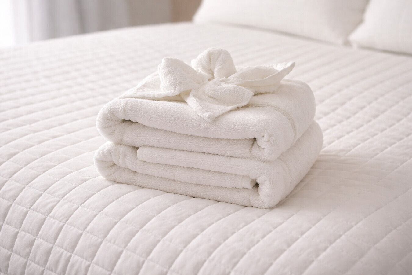 Een netjes opgevouwen stapel witte handdoeken op een bed met een gewatteerde witte hoes.