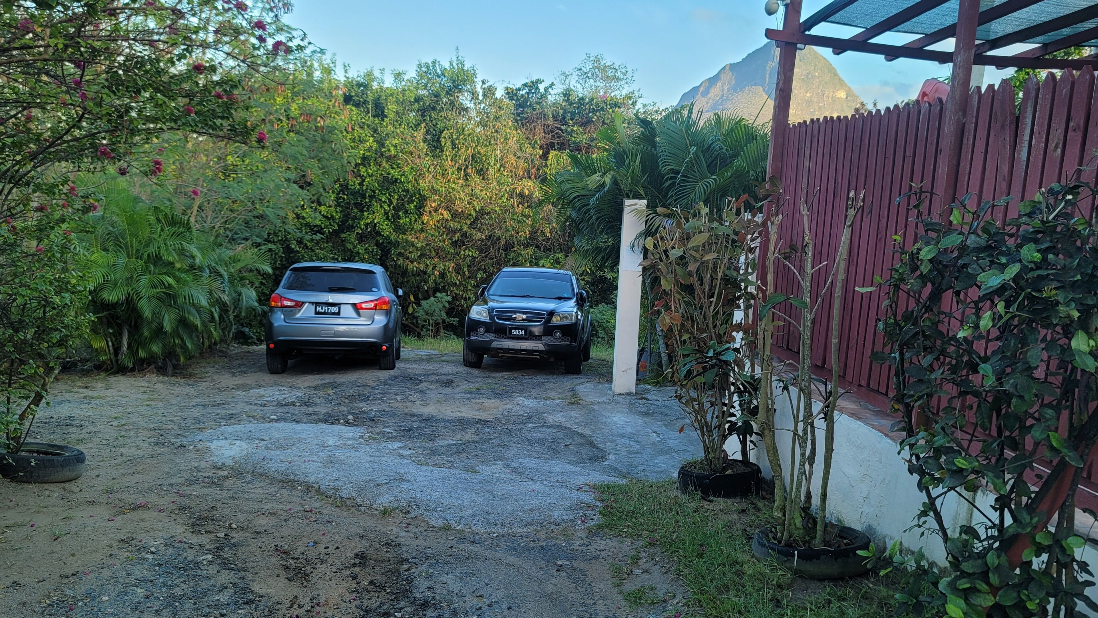 A gravel driveway leading to a garage with two cars parked, surrounded by greenery and a wooden fence.
