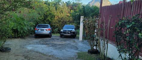 A gravel driveway leading to a garage with two cars parked, surrounded by greenery and a wooden fence.
