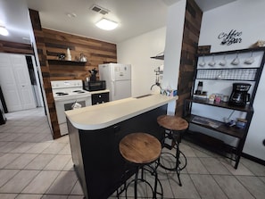 Fridge, microwave, oven, stovetop - Port Clinton Paradise: 2 bedroom Waterfront Condo:  Hot Tub, Sauna, Fire pit (Port Clinton)