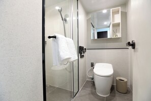Douche, sèche-cheveux, serviettes fournies, shampoing