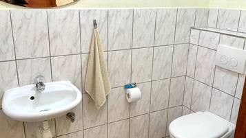 Een badkamer met een wastafel, toilet, handdoek en toiletpapier.
