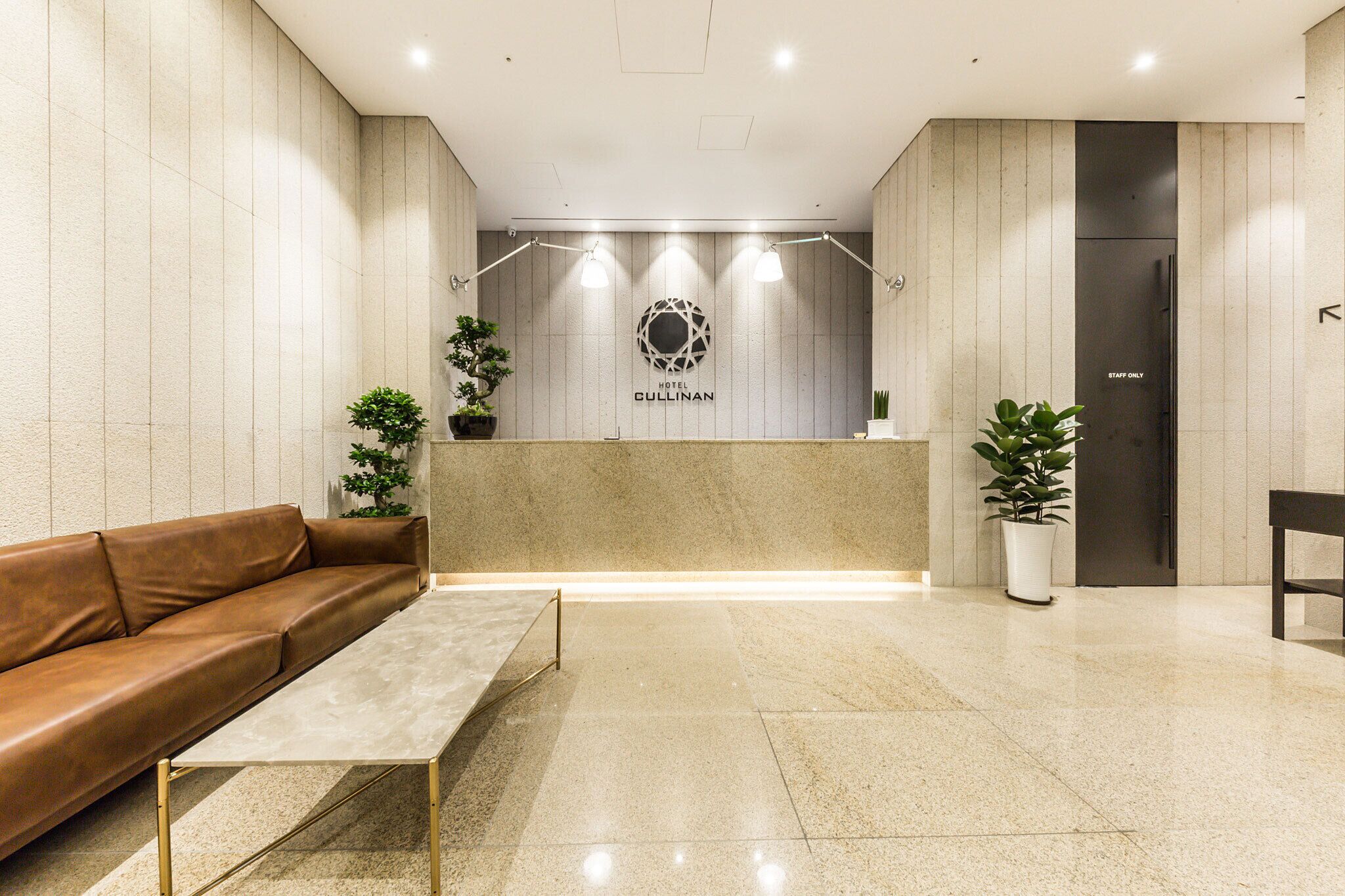 Un moderno vestíbulo de hotel con una recepción, un sofá de cuero marrón, una mesa de centro y plantas en macetas.