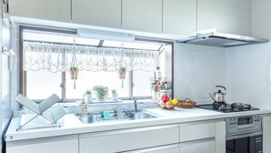 Une cuisine moderne dotée d’un évier en acier inoxydable, d’une cuisinière à gaz et d’un four encastré.