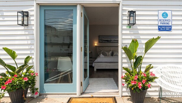 A hotel entrance with a blue door, a welcome mat, and a reserved parking sign. - Spacious 8 Bed Suite Combo – Units 441 & 442 | Sleeps 10-12 (Old Orchard Beach)