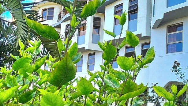A hotel with a balcony, multiple windows, and lush greenery in the foreground. - Rwizi View Hotel Mbarara (Mbarara)