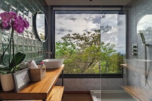 Douche, sèche-cheveux, serviettes fournies, savon