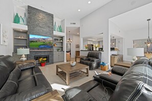 Smart TV, fireplace, books, music library