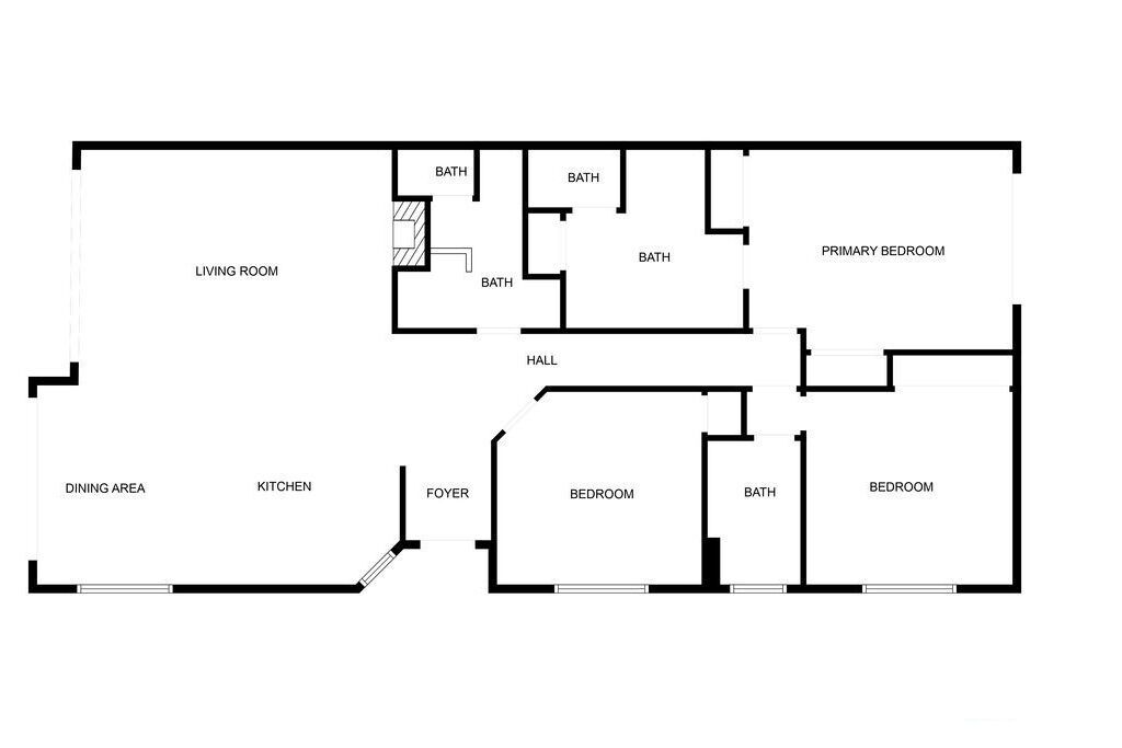 A floor plan with a living room, dining area, kitchen, foyer, primary bedroom, two bathrooms, and a hall.